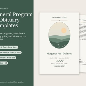 Puede incluir: Plantillas de programa funerario y obituario en una tarjeta color crema con un gr&aacute;fico circular de colinas verdes y un sol. El texto dice In Loving Memory, Margaret Ann Delaney, 4 de marzo de 1942 - 28 de septiembre de 2026, y detalles del evento.