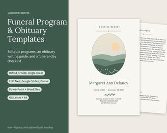 May include: Funeral programme and obituary templates featuring a cream-coloured card with a circular graphic of green hills and a sun. The text reads In Loving Memory, Margaret Ann Delaney, March 4, 1942 - September 28, 2026, and event details.