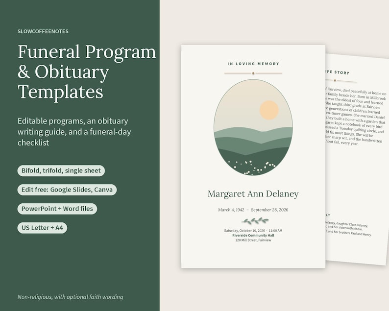 Puede incluir: Plantillas de programa funerario y obituario en una tarjeta color crema con un gr&aacute;fico circular de colinas verdes y un sol. El texto dice In Loving Memory, Margaret Ann Delaney, 4 de marzo de 1942 - 28 de septiembre de 2026, y detalles del evento.