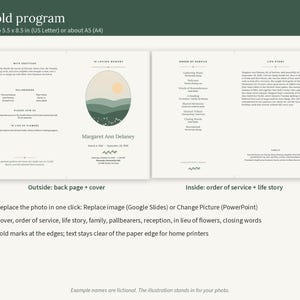 Puede incluir: Una plantilla de programa funerario plegable con una portada que presenta una ilustraci&oacute;n de paisaje de colinas y un sol, el nombre Margaret Ann Delaney y fechas. Las p&aacute;ginas interiores muestran un orden de servicio y una biograf&iacute;a.
