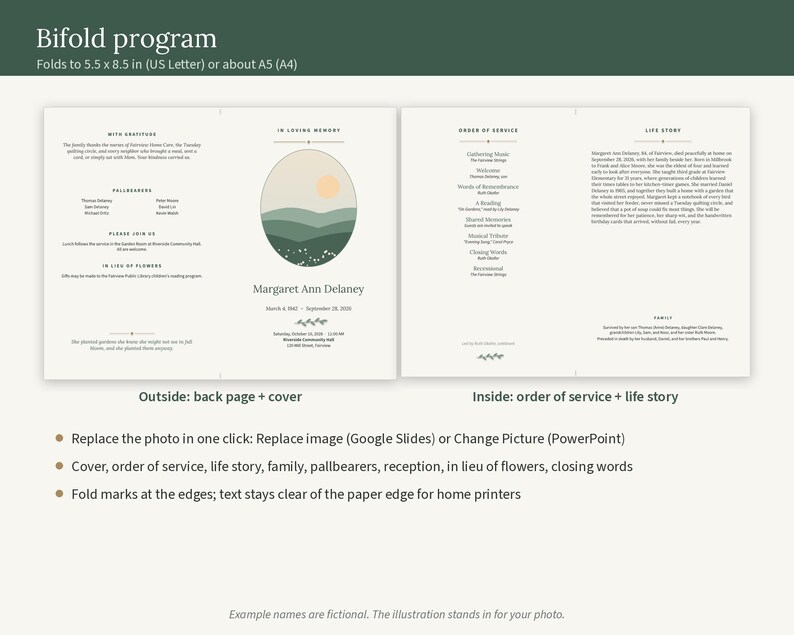 Puede incluir: Una plantilla de programa funerario plegable con una portada que presenta una ilustraci&oacute;n de paisaje de colinas y un sol, el nombre Margaret Ann Delaney y fechas. Las p&aacute;ginas interiores muestran un orden de servicio y una biograf&iacute;a.
