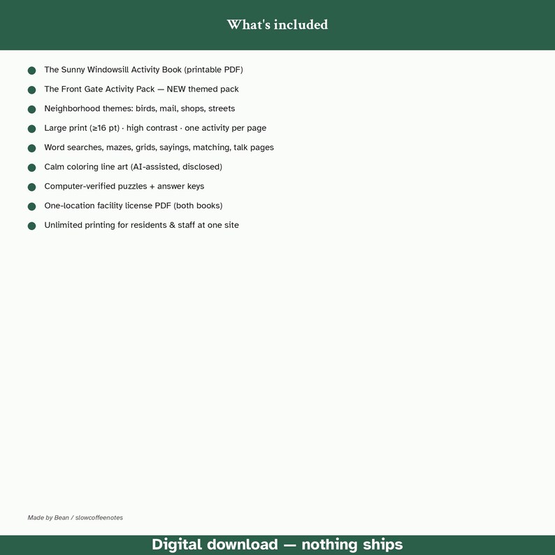 May include: A digital activity pack list titled What's included, featuring The Sunny Windowsill Activity Book and The Front Gate Activity Pack. It lists features like large print, word searches, mazes, and calm coloring line art.