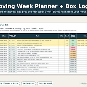 Puede incluir: Una plantilla de hoja de cálculo digital Moving Week Planner + Box Log. La interfaz presenta una tabla de cuenta regresiva con columnas para días antes de la mudanza, fechas, tareas y estado. El texto incluye Moving Week Planner + Box Log y Google Sheets + Excel.