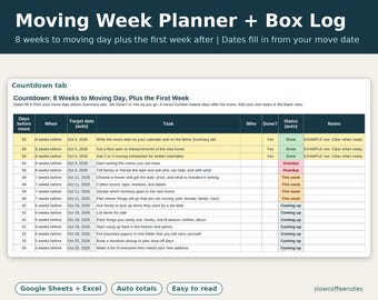 May include: A digital Moving Week Planner and Box Log spreadsheet template. The interface features a countdown table with columns for days before move, dates, tasks, and status. Text includes Moving Week Planner + Box Log and Google Sheets + Excel.