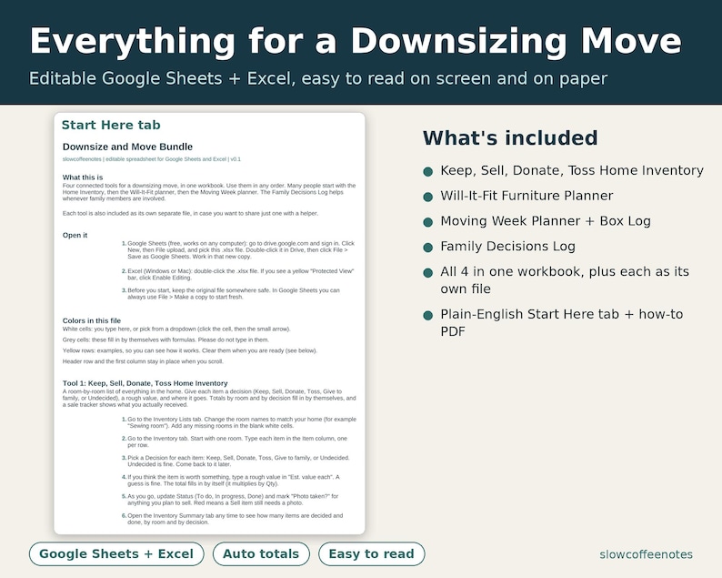 May include: A digital document titled Everything for a Downsizing Move, featuring a Start Here tab for Google Sheets and Excel. It includes a Keep, Sell, Donate, Toss Home Inventory, Will-It-Fit Furniture Planner, Moving Week Planner, and Family Decisions Log.