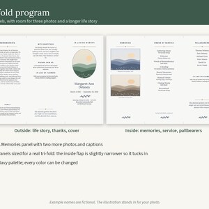 Puede incluir: Una plantilla de programa funerario de tres paneles con fondo blanco y texto oscuro. Los paneles exteriores incluyen una biograf&iacute;a, una secci&oacute;n de agradecimiento y una portada con una ilustraci&oacute;n de monta&ntilde;a y el nombre Margaret Ann Delaney. Los paneles interiores muestran una secci&oacute;n de recuerdos con dos espacios para fotos, un orden de servicio y una lista de portadores.