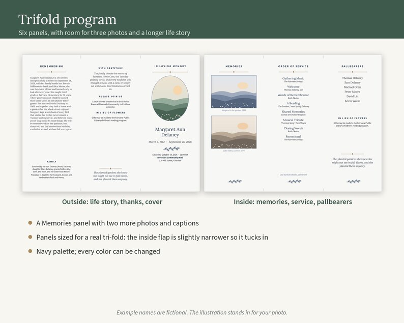 Puede incluir: Una plantilla de programa funerario de tres paneles con fondo blanco y texto oscuro. Los paneles exteriores incluyen una biograf&iacute;a, una secci&oacute;n de agradecimiento y una portada con una ilustraci&oacute;n de monta&ntilde;a y el nombre Margaret Ann Delaney. Los paneles interiores muestran una secci&oacute;n de recuerdos con dos espacios para fotos, un orden de servicio y una lista de portadores.