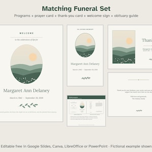 Puede incluir: Un conjunto funerario a juego que incluye programas, tarjeta de oración, tarjeta de agradecimiento, letrero de bienvenida y guía de obituario. Cada pieza presenta una ilustración de colinas verdes y un sol en un marco ovalado con texto.