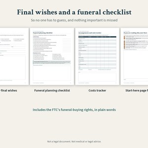 May include: A four-page document titled Final wishes and a funeral checklist, featuring sections for My final wishes, a Funeral planning checklist, an Arrangements and costs tracker, and a Start-here page for family, including FTC funeral-buying rights.