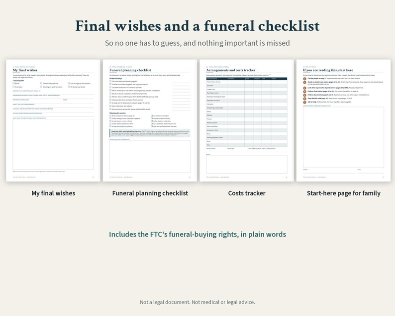 May include: A four-page document titled Final wishes and a funeral checklist, featuring sections for My final wishes, a Funeral planning checklist, an Arrangements and costs tracker, and a Start-here page for family, including FTC funeral-buying rights.