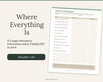 Pode incluir: Uma folha de informações de emergência de duas páginas intitulada Where Everything Is, com uma tabela preenchível para rastrear documentos importantes, locais de contas e contatos, disponível nos formatos US Letter e A4.