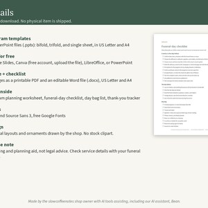 Puede incluir: Un conjunto de plantillas digitales para la planificaci&oacute;n funeraria que incluye plantillas de programa en PowerPoint, una gu&iacute;a y lista de verificaci&oacute;n de 14 p&aacute;ginas en PDF y Word, una hoja de trabajo de planificaci&oacute;n y un rastreador.
