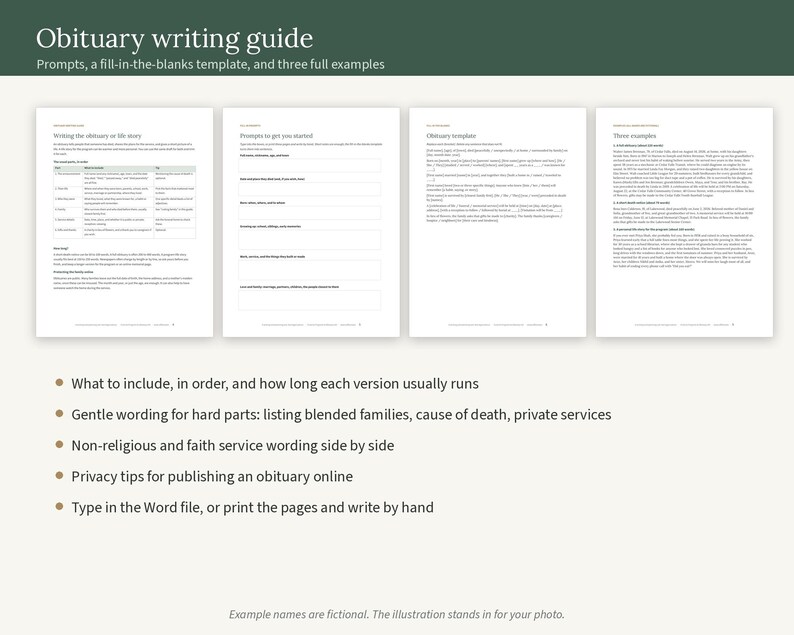 Puede incluir: Una gu&iacute;a de escritura de obituarios de cuatro p&aacute;ginas con el t&iacute;tulo Obituary writing guide, que incluye sugerencias, una plantilla para completar y tres ejemplos completos. El documento incluye secciones sobre historias de vida, plantillas y ejemplos.