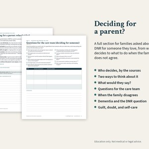May include: Two white informational pages titled Deciding for a parent? with black text. The pages include sections on decision-making, questions for the care team, and a table for notes. The right side lists topics like Who decides, Two ways to think about it, and Guilt, doubt, and self-care.