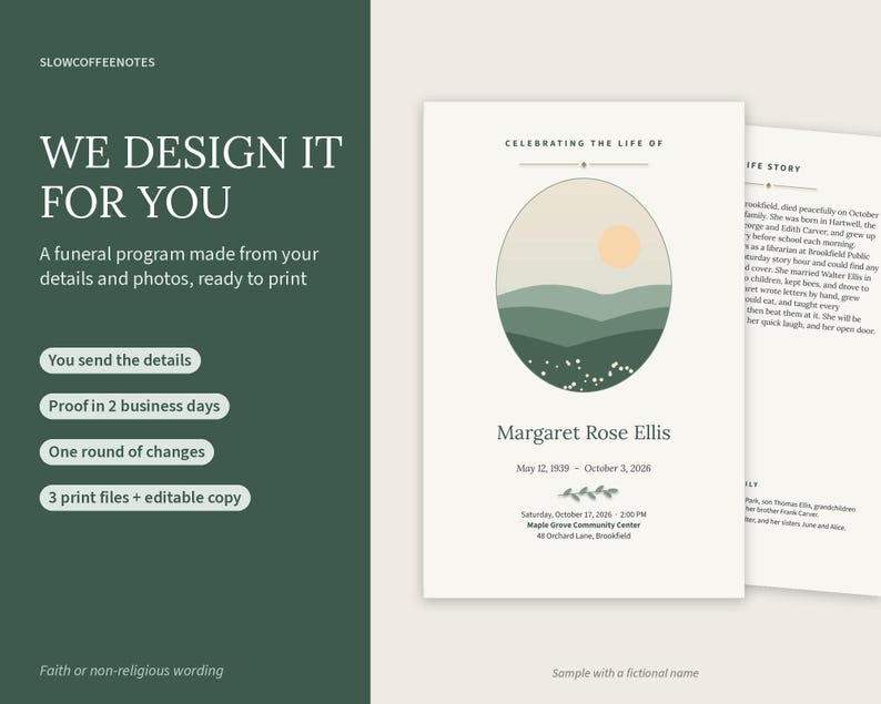 Funeral program design service: we design it for you, with a sample bifold program