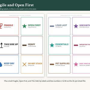 May include: A set of 14 rectangular handling labels in 2 x 4 inch and 3-1/3 x 4 inch sizes. The labels feature colored icons and text including Fragile, Open First, Load Last, Goes With Us, This Side Up, Heavy, Essentials, Important Papers, Keep Dry, Do Not Stack, and Pet Supplies.