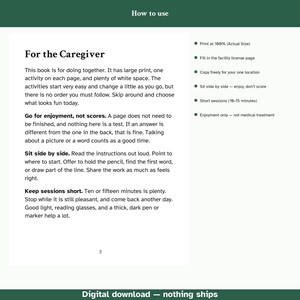 May include: An instructional page titled How to use, featuring For the Caregiver text. It provides guidance on using an activity book, including tips like sitting side by side, keeping sessions short, and focusing on enjoyment rather than scores.