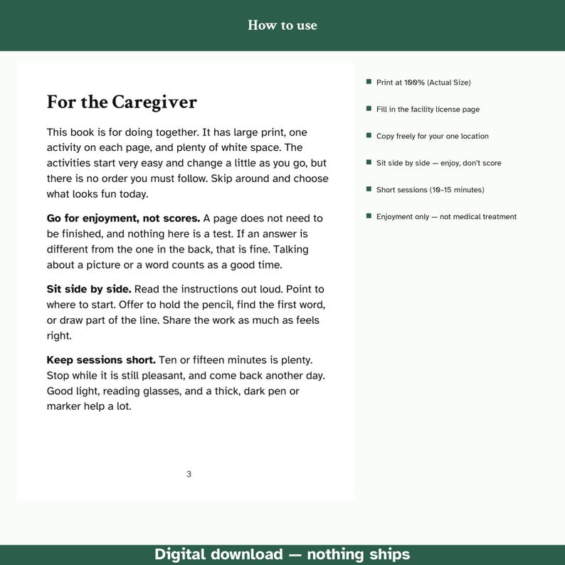 May include: An instructional page titled How to use, featuring For the Caregiver text. It provides guidance on using an activity book, including tips like sitting side by side, keeping sessions short, and focusing on enjoyment rather than scores.