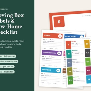 May include: A set of printable moving box labels and a new-home checklist featuring color-coded room signs, box inventory sheets, and first-week checklists. The documents include text such as Moving Box Labels & New-Home Checklist, Kitchen, Living Room, Primary Bedroom, Bathroom, and various room abbreviations on a white background.