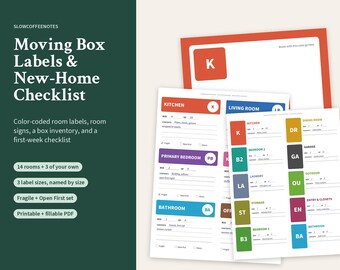 May include: A set of printable moving box labels and a new-home checklist featuring colour-coded room signs, box inventory sheets, and first-week checklists. The documents include text such as Moving Box Labels & New-Home Checklist, Kitchen, Living Room, Primary Bedroom, Bathroom, and various room abbreviations on a white background.
