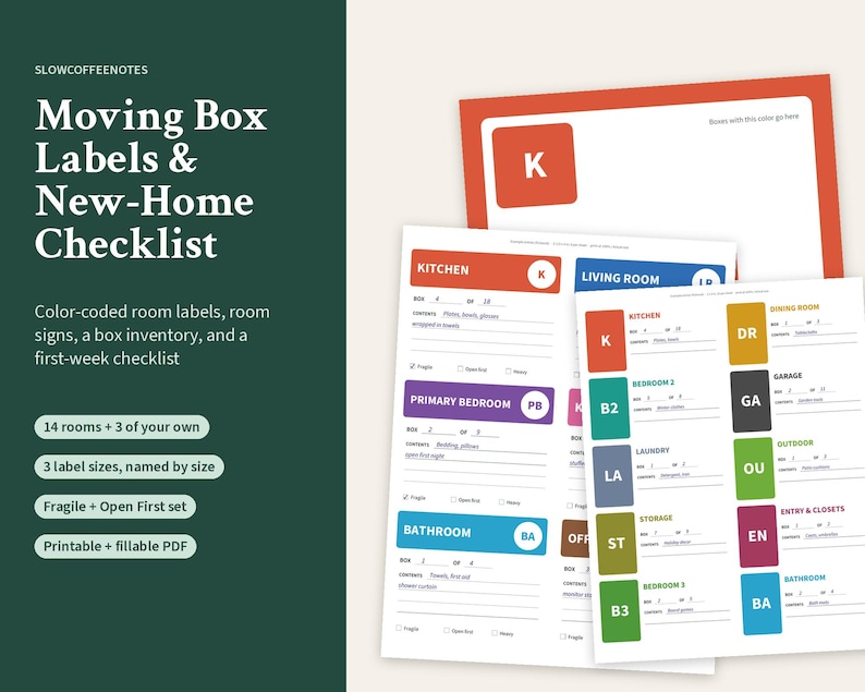 May include: A set of printable moving box labels and a new-home checklist featuring color-coded room signs, box inventory sheets, and first-week checklists. The documents include text such as Moving Box Labels & New-Home Checklist, Kitchen, Living Room, Primary Bedroom, Bathroom, and various room abbreviations on a white background.