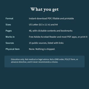 May include: A dark teal informational graphic titled What you get, detailing a 48-page fillable and printable PDF in US Letter 8.5 x 11 in and A4 sizes. It includes clickable contents, 15 public sources with links, and a disclaimer for education only.