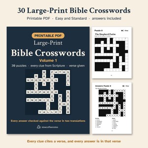 May include: A digital collection titled 30 Large-Print Bible Crosswords Volume 1, featuring printable PDF puzzles with Scripture-based clues. The dark blue cover displays a sample grid, while two white pages show Puzzle 8 and its answers.