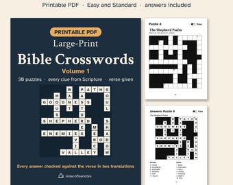 May include: A digital collection titled 30 Large-Print Bible Crosswords Volume 1, featuring printable PDF puzzles with Scripture-based clues. The dark blue cover displays a sample grid, while two white pages show Puzzle 8 and its answers.