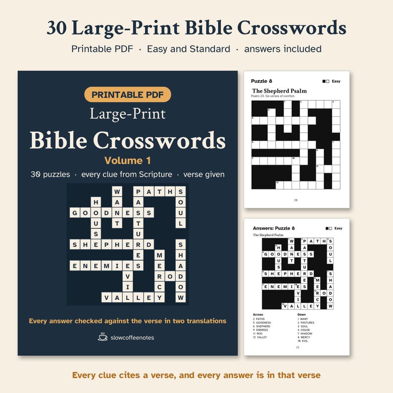 May include: A digital collection titled 30 Large-Print Bible Crosswords Volume 1, featuring printable PDF puzzles with Scripture-based clues. The dark blue cover displays a sample grid, while two white pages show Puzzle 8 and its answers.