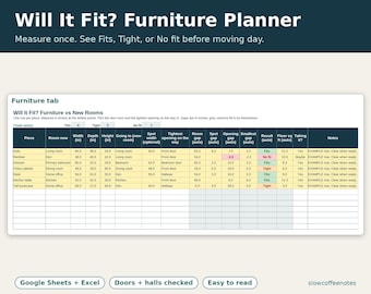 May include: A digital furniture planner spreadsheet titled Will It Fit? Furniture Planner. The table includes columns for piece, room, dimensions in inches, and gap calculations to determine if furniture fits through doors and hallways.