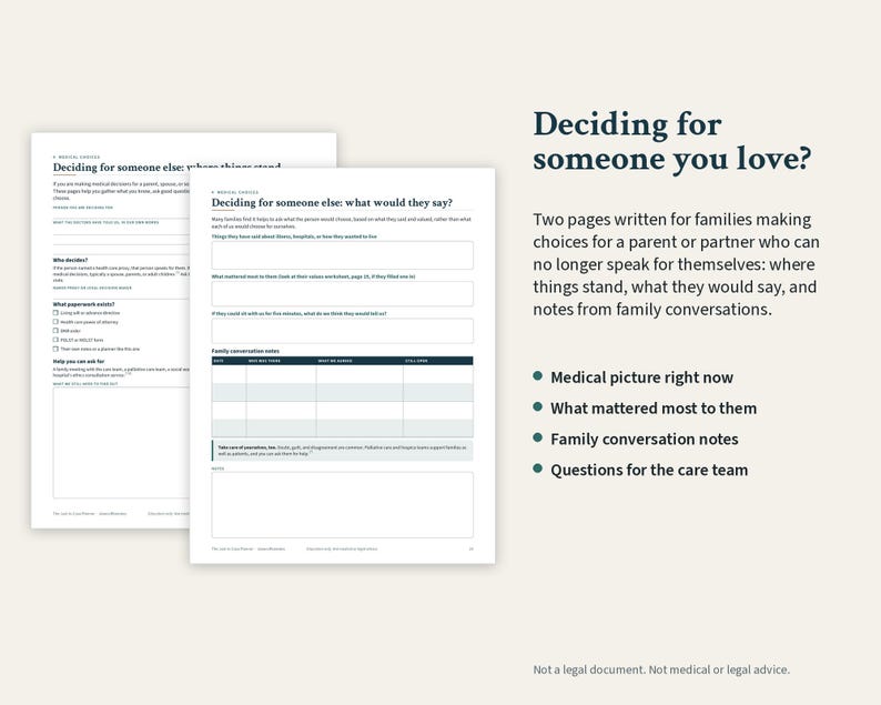 May include: Two printed pages titled Deciding for someone else: where things stand and Deciding for someone else: what would they say? featuring sections for medical decisions, family conversation notes, and questions for a care team.