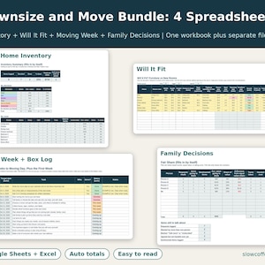 Puede incluir: Un paquete digital de cuatro hojas de cálculo titulado Downsize and Move Bundle: 4 Spreadsheets, que incluye Home Inventory, Will It Fit, Moving Week + Box Log y Family Decisions. Los archivos contienen tablas para el seguimiento de inventario, dimensiones de muebles, cronogramas de mudanza y toma de decisiones familiares, compatibles con Google Sheets y Excel.