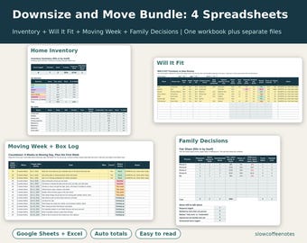 May include: A digital bundle of four spreadsheets titled Downsize and Move Bundle: 4 Spreadsheets, including Home Inventory, Will It Fit, Moving Week + Box Log, and Family Decisions. The files feature tables for tracking inventory, furniture dimensions, moving schedules, and family decision-making, compatible with Google Sheets and Excel.