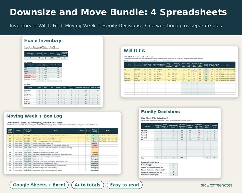 May include: A digital bundle of four spreadsheets titled Downsize and Move Bundle: 4 Spreadsheets, including Home Inventory, Will It Fit, Moving Week + Box Log, and Family Decisions. The files feature tables for tracking inventory, furniture dimensions, moving schedules, and family decision-making, compatible with Google Sheets and Excel.