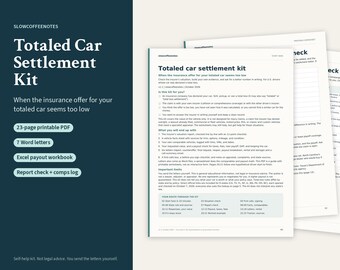 Pode incluir: Um kit de liquidação de automóvel com perda total, incluindo um PDF imprimível de 23 páginas, 7 cartas em Word, uma planilha de pagamentos em Excel e um registro de verificação e relatórios. O documento detalha como lidar com ofertas de seguros.