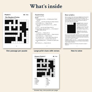 May include: A collection of printed pages titled What's inside, featuring a crossword puzzle titled The Shepherd Psalm, a list of clues with Bible verses, a How to Solve instructional guide, and an answer key for Puzzle 8.
