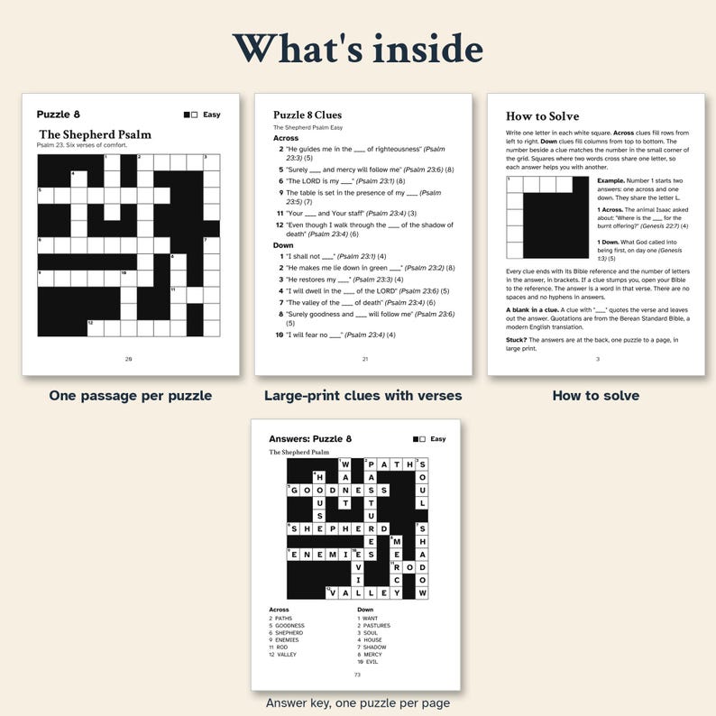 May include: A collection of printed pages titled What's inside, featuring a crossword puzzle titled The Shepherd Psalm, a list of clues with Bible verses, a How to Solve instructional guide, and an answer key for Puzzle 8.