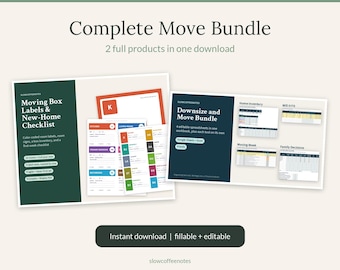 May include: A digital Complete Move Bundle featuring Moving Box Labels, a New-Home Checklist, and a Downsize and Move Bundle with four editable spreadsheets for Google Sheets and Excel. The design includes colour-coded labels and text.