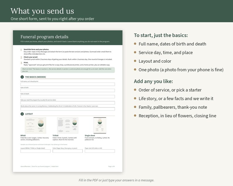 The short intake form you fill in after ordering, and the details we need