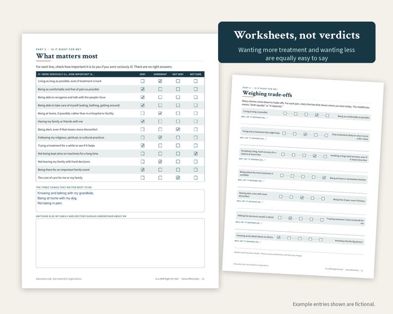 May include: Two printed worksheets titled What matters most and Weighing trade-offs. The documents feature tables with checkboxes for personal health preferences, including text about family, medical treatment, and daily living choices.