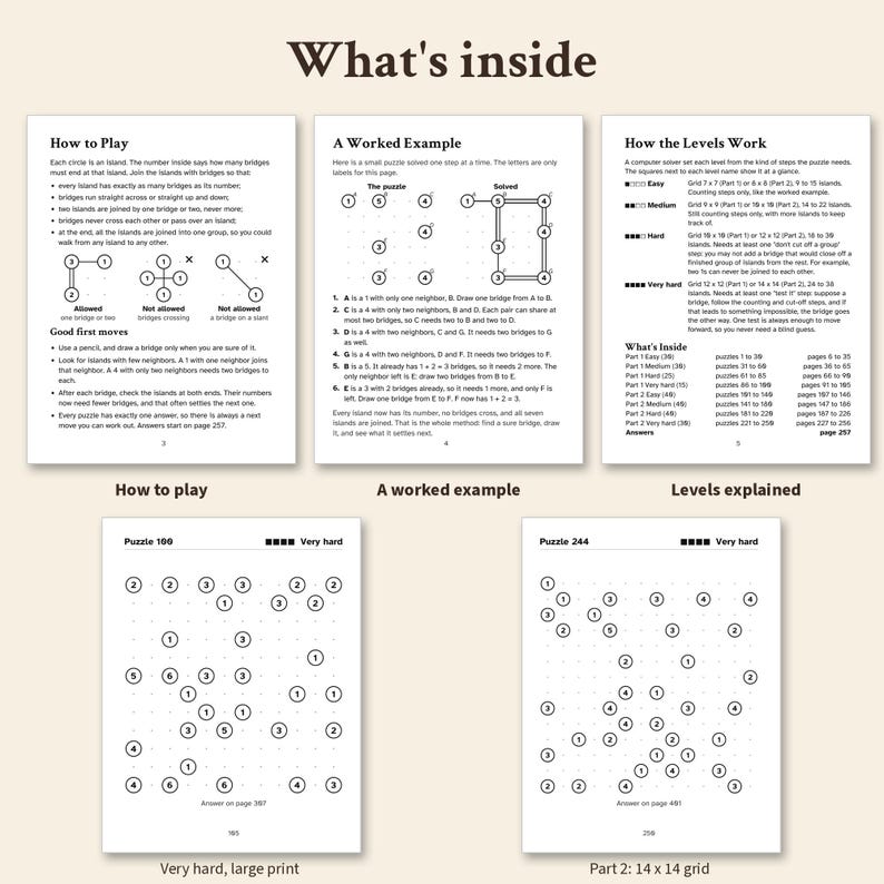 Hashi Puzzles Printable, 250 Bridges Logic Puzzles PDF, Large Print Hashiwokakero, Easy to Very Hard, Answers, Puzzles for Adults image 3