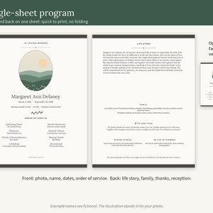 Puede incluir: Una plantilla de programa funerario de una sola hoja con una ilustraci&oacute;n de paisaje minimalista de colinas verdes y un sol. El frente muestra el nombre Margaret Ann Delaney, fechas y el orden del servicio. El reverso incluye una historia de vida, detalles familiares y notas de agradecimiento. El dise&ntilde;o utiliza un formato limpio en blanco y negro con bordes oscuros.