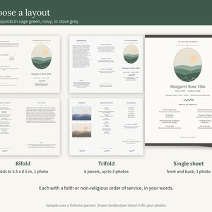 Bifold, trifold, and single-sheet funeral program layouts with a fictional example