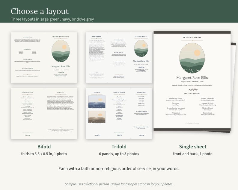 Bifold, trifold, and single-sheet funeral program layouts with a fictional example