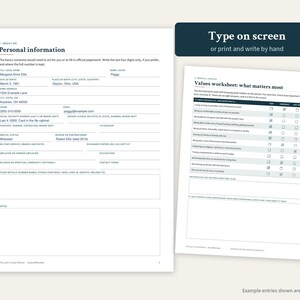 May include: Two white printable worksheets with black text. The left page is a personal information form with fields for name, address, and contact details. The right page is a values worksheet with a checklist. Text includes Type on screen.