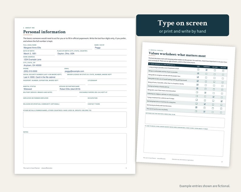 May include: Two white printable worksheets with black text. The left page is a personal information form with fields for name, address, and contact details. The right page is a values worksheet with a checklist. Text includes Type on screen.