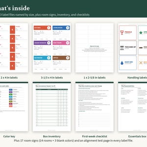 May include: A digital collection of printable moving labels and checklists including 2x4 inch labels, 3-1/3x4 inch labels, handling labels, a color key, box inventory, a first-week checklist, and an essentials box list for organization.