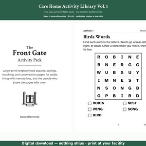 May include: A two-page printable activity document titled Care Home Activity Library Vol. 1. The left page features The Front Gate Activity Pack text and a gate icon. The right page shows a word search puzzle titled Birds Words.