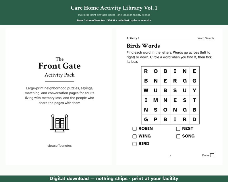 May include: A two-page printable activity document titled Care Home Activity Library Vol. 1. The left page features The Front Gate Activity Pack text and a gate icon. The right page shows a word search puzzle titled Birds Words.