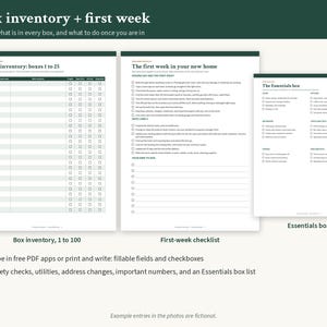 May include: A set of three printable documents featuring a box inventory list for boxes 1 to 25, a first-week checklist for a new home, and an essentials box list. Each page includes checkboxes and fillable fields with dark green headers.